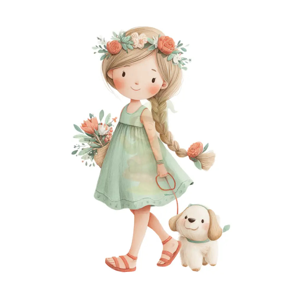 Bügelbild ’Blumenmädchen mit Hund’