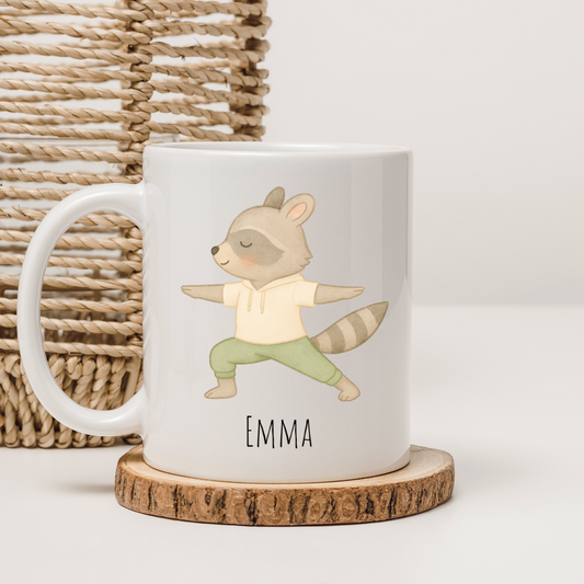 Tasse Yoga Waschbär - personalisierbar (5 Schriftarten)
