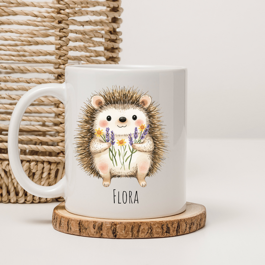 Tasse Blumen Igel - personalisierbar (5 Schriftarten)