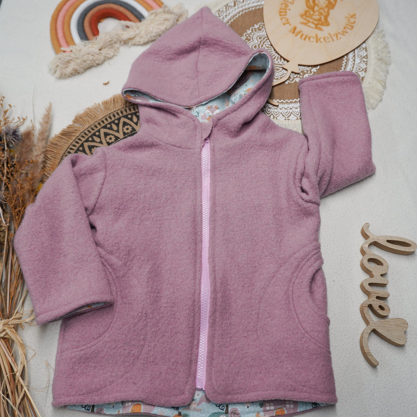 Merino-Walkjacke Gr. 98 mit Taschen und Zipfelkapuze