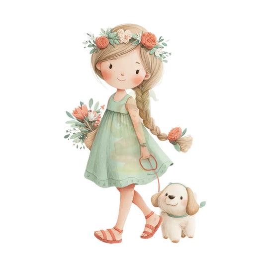 Bügelbild ’Blumenmädchen mit Hund’