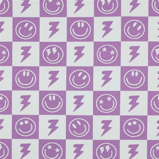 Baumwolljersey "Smileys und Blitz - softlavendel" - 0,5m