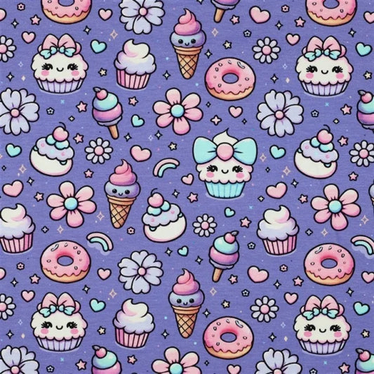 Baumwolljersey "süße Leckereien - lavendel" - 0,5m