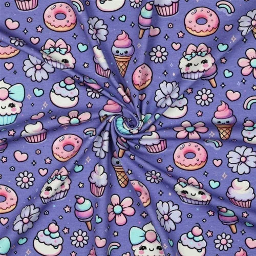 Baumwolljersey "süße Leckereien - lavendel" - 0,5m
