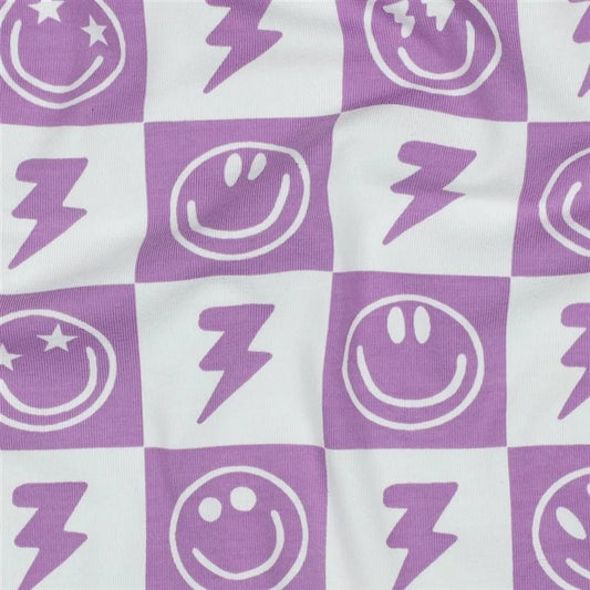 Baumwolljersey "Smileys und Blitz - softlavendel" - 0,5m